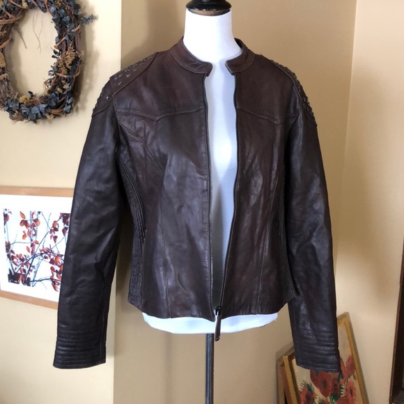 KNOLES & CARTER Size XXL Brown Leather STRETCH Metal STAR Embellished $288 NEW - Picture 5 of 16